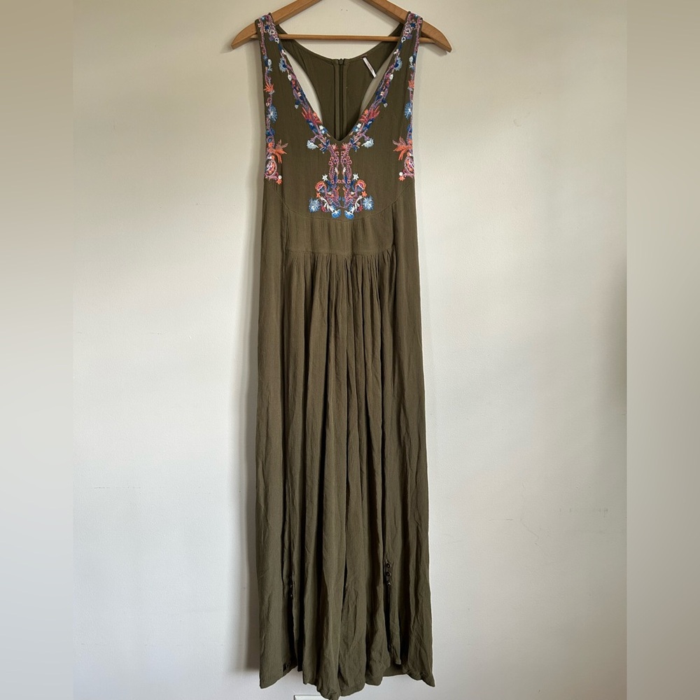 Free People Amalfi Olive Green Embroidered V-Neck Bohemian Size 0 Jumpsuit!